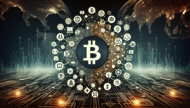 An image depicting Bitcoin symbols intertwined with DeFi icons, representing the fusion of traditional Bitcoin with modern decentralized finance concepts. The backdrop should include a futuristic digital landscape, reflecting the innovative nature of BTCFi solutions.