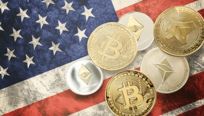 A visually engaging image depicting the intersection of U.S. politics and cryptocurrency. Show political figures, digital assets like Bitcoin and Ethereum, and voters engaging with crypto-themed elements. Highlight the bipartisan nature and rising acceptance of digital assets.