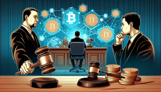 A courtroom scene with a gavel and blockchain symbols, depicting Binance and Changpeng Zhao facing legal scrutiny over money laundering allegations.