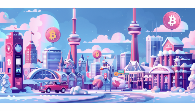 A visually engaging scene featuring traditional payment methods like cash and bank cards juxtaposed with Bitcoin and cryptocurrency symbols, set against a backdrop of Canadian landmarks and a Bitcoin ATM.