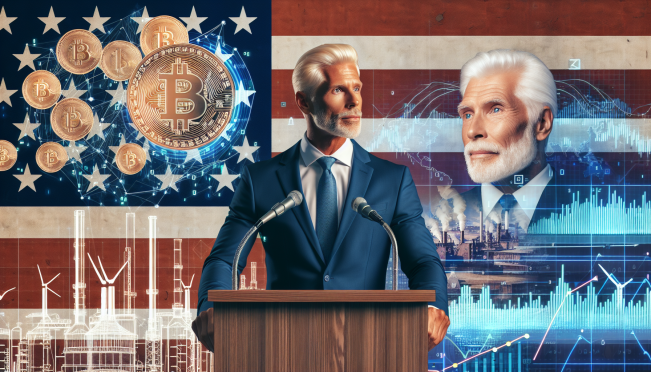 Donald Trump at a podium, backdrop of American flag, with digital Bitcoin symbols and blockchain graphics in the background; contrasting image of President Biden with economic graphs and factory imagery.