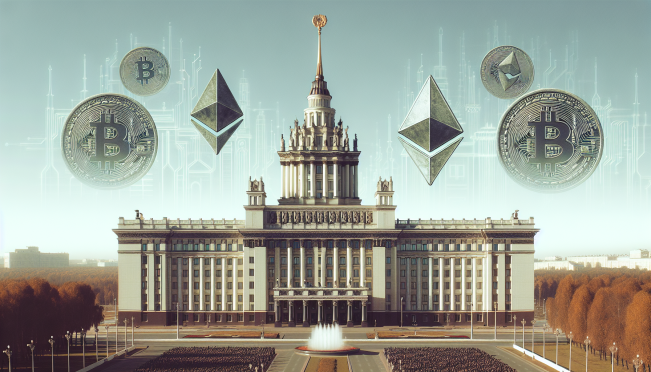 Russian government building with digital currency symbols