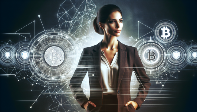 A visual representation of Kathryn Haun standing confidently, with symbols of Coinbase and cryptocurrency in the background, symbolizing a bridge between traditional governance and the future of crypto ventures.