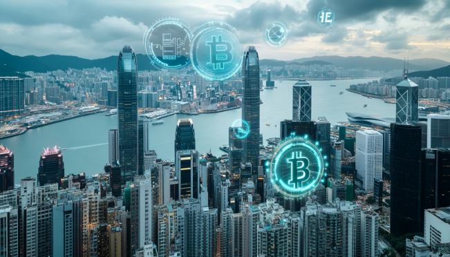 A bustling Hong Kong skyline with digital assets symbols overlaying the cityscape, highlighting technology and innovation themes. Include elements like stablecoins and futuristic infrastructure.