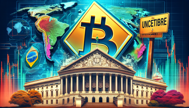 A dynamic and visually engaging illustration of the Solana cryptocurrency logo prominently displayed, with a map of Brazil in the background symbolizing approval, and an image of the U.S. Capitol building with a 'pending' or 'uncertain' sign, highlighting the regulatory limbo in the U.S.