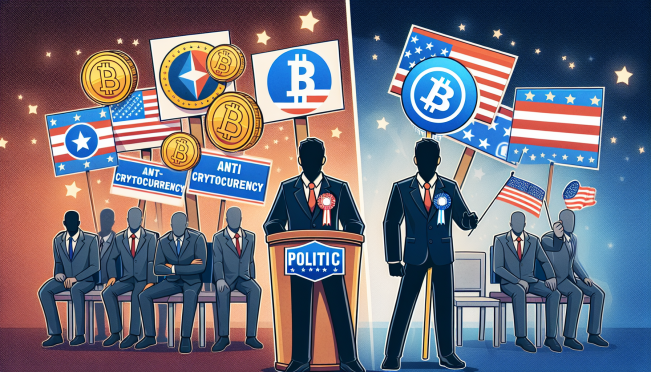 Donald Trump and Bitcoin imagery, with campaign posters and digital asset symbols, contrasting with a background representing Joe Biden's anti-crypto stance