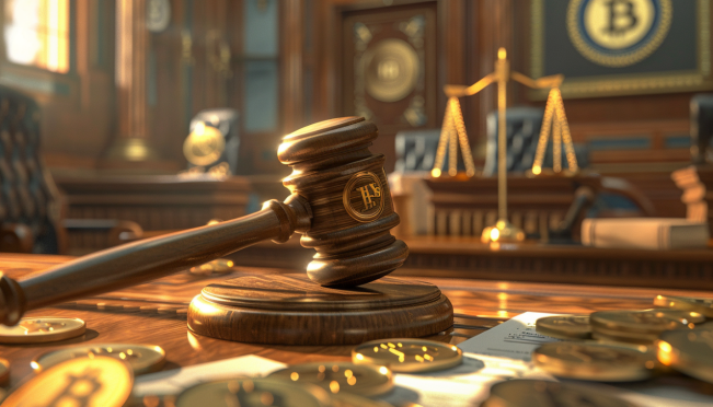 A courtroom scene with the BitMEX logo prominently displayed, showcasing a judge's gavel, legal documents, and a backdrop of digital currency symbols representing the intersection of law and cryptocurrency.