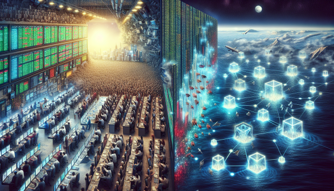 A visually striking image depicting a glitch in the traditional stock exchange next to the smooth operation of a blockchain network, highlighting the contrast between centralized and decentralized systems.