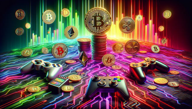 crypto tokens and gaming controllers on a digital market chart background