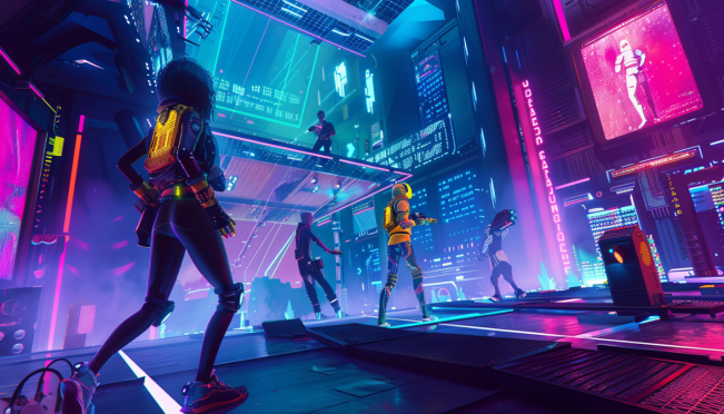 A vibrant and futuristic gaming scene showcasing a third-person shooter game with blockchain elements. Include diverse avatars in action, a digital corporation system, and elements of both traditional and Web3 gaming.