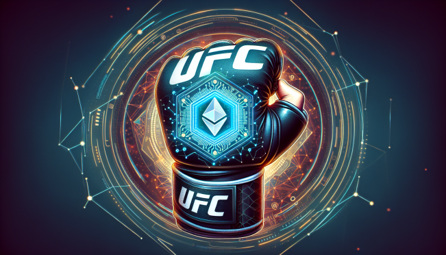 A UFC glove with a visible NFC chip, surrounded by digital blockchain elements and the VeChain and UFC logos, symbolizing the fusion of traditional sports memorabilia with cutting-edge technology.