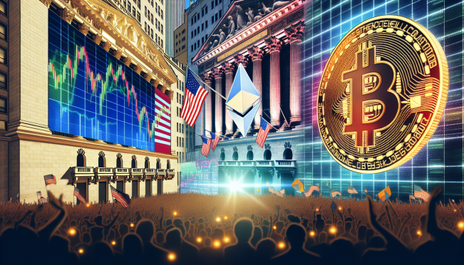 A split-screen image showing the S&P 500 index on one side and various cryptocurrencies like Bitcoin and Ethereum on the other, with a background of the Federal Reserve building and a political campaign event featuring Kamala Harris.