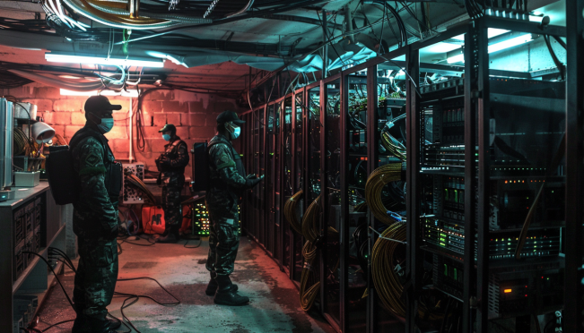 Venezuelan government officials inspecting a cryptocurrency mining farm, with confiscated mining rigs in the background and a focus on the strain on the national power grid.