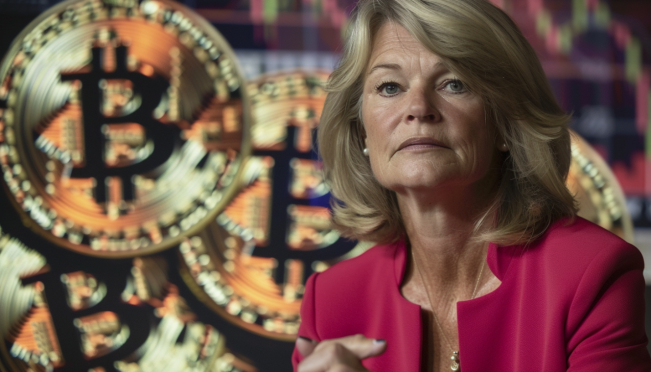 United States Senator Cynthia Lummis discussing Bitcoin as a reserve currency on a TV interview, with emphasis on Bitcoin and U.S. dollar symbols, and a backdrop that represents financial sovereignty.