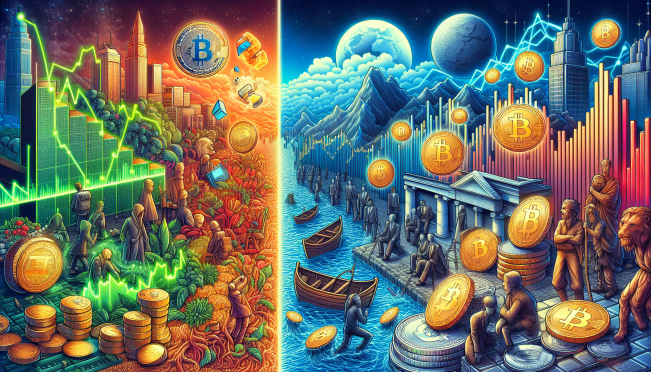 A visual representation of the stark contrast between the high-yield, vibrant world of cryptocurrency staking and the more subdued, traditional stock market dividends. Include symbols such as coins, graphs, and traditional versus digital currency imagery.