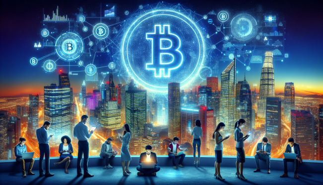 A futuristic cityscape with a large Bitcoin symbol dominating the skyline, showing the integration of cryptocurrency in everyday life, with people using digital devices to trade and interact with Bitcoin.