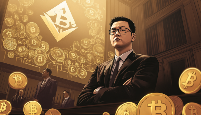 A courtroom scene featuring Changpeng 'CZ' Zhao and US prosecutors, with a backdrop of cryptocurrency symbols and the Binance logo.