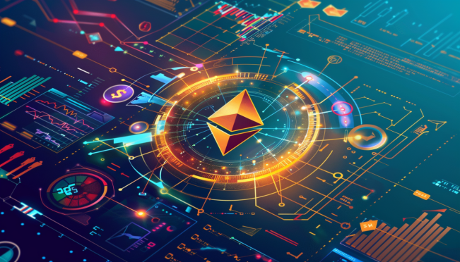 A detailed illustration of a digital Ethereum coin surrounded by financial market symbols, graphs, and the SEC logo, to signify the approval of the VanEck Ethereum ETF.