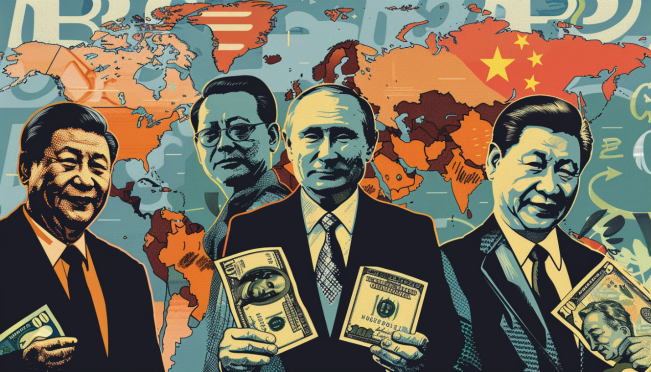 An illustration showing leaders from BRICS countries (Russia, China, India, UAE) holding their local currencies while a US dollar symbol fades in the background. The backdrop should feature a world map indicating trade routes.