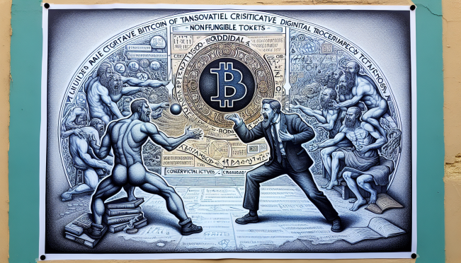 An illustration combining elements of Bitcoin, digital assets like Ordinals and Runes, and a figure representing Luke Dashjr in a critical discussion or analysis setting. The image should visually depict the contrast between traditional Bitcoin transactions and the newer digital asset forms, highlighting the technical and philosophical debates within the Bitcoin community.