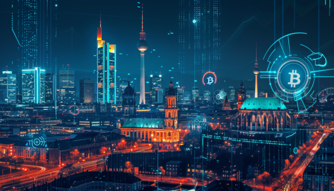 A futuristic financial scene showing Bitpanda and Deutsche Bank logos, with digital assets, users making transactions, and a background of German landmarks.