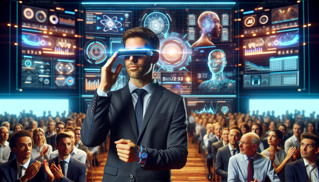 Mark Zuckerberg presenting futuristic augmented reality smart glasses at a high-tech event, showcasing heads-up display and wrist-worn neural interface with a backdrop of digital screens and excited audience