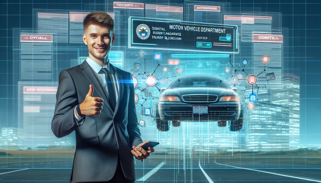 A futuristic depiction of the California DMV with digital car titles floating in a transparent blockchain network, featuring a sleek mobile app interface, and Mark Cuban giving a thumbs-up.