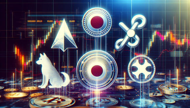 A digital illustration showing the logos of Avalanche, Chainlink, Polkadot, Stellar, and Shiba Inu with futuristic trading charts and financial symbols in the background, representing the launch of new crypto futures by Coinbase Derivatives.