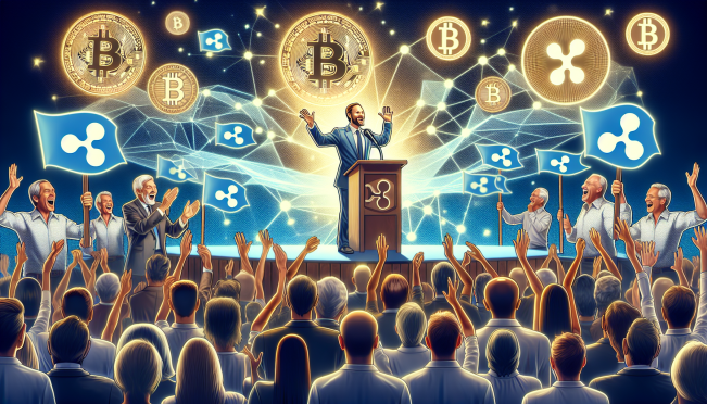 A dynamic political rally set against a backdrop of crypto symbols like Bitcoin and Ripple logos, featuring John Deaton passionately speaking at a podium, with a diverse crowd showing support and banners highlighting digital innovation.