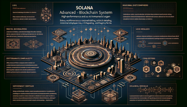 Visualize Solana as a sophisticated, sleek blockchain system with high-performance and streamlined design, paralleling Apple's Mac OS. Show elements of blockchain technology, developers, and futuristic digital mapping.