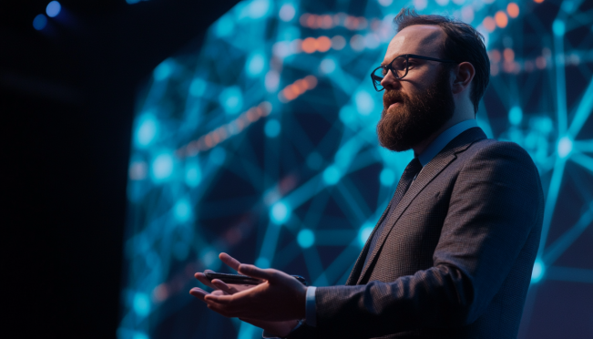 Charles Hoskinson speaking at a futuristic conference with visuals of blockchain networks and AI algorithms merging, set in a high-tech, vibrant atmosphere at MGM Grand, Las Vegas.