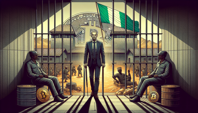 A dramatic illustration showing a US executive behind bars in a harsh Nigerian prison setting, with symbolic elements like Binance logos and US flags in the background, highlighting the tension and urgency of the situation.