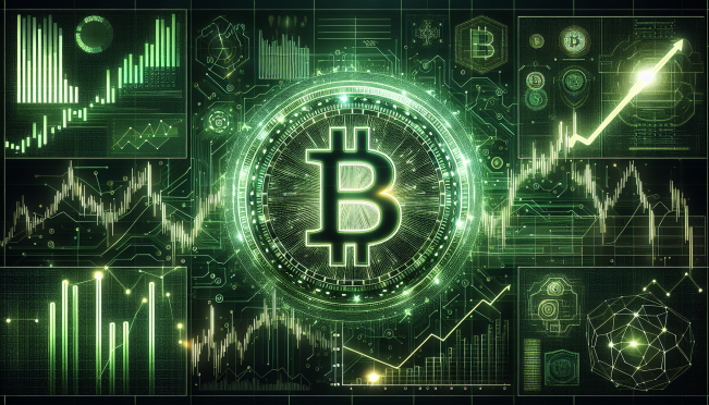 A digital artwork of FTX token symbol glowing in green, surrounded by upward trending graphs and bullish indicators on a background symbolizing cryptocurrency market analysis