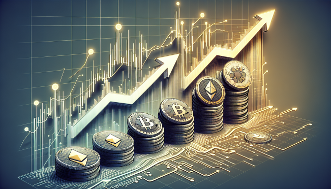 A digital artwork of Bitcoin and various altcoins like Ethereum, Cardano, and Polkadot stabilizing on a graph with a rising trend line in the background, symbolizing recovery and growth in the crypto market.