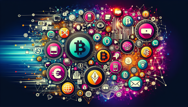 A vibrant digital collage showcasing Telegram icons, TON blockchain technology elements, and symbols representing money and content creation, all interwoven with dynamic lines and transaction speed visualizations.