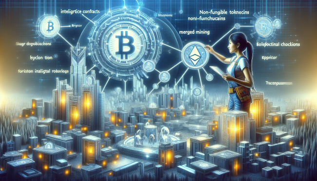 A futuristic digital landscape where Bitcoin and Syscoin logos are prominently displayed. A miner validating transactions, surrounded by a network of smart contracts and NFTs. A visual representation of merged mining and the Rollux Superchain, showcasing innovation and sustainability.