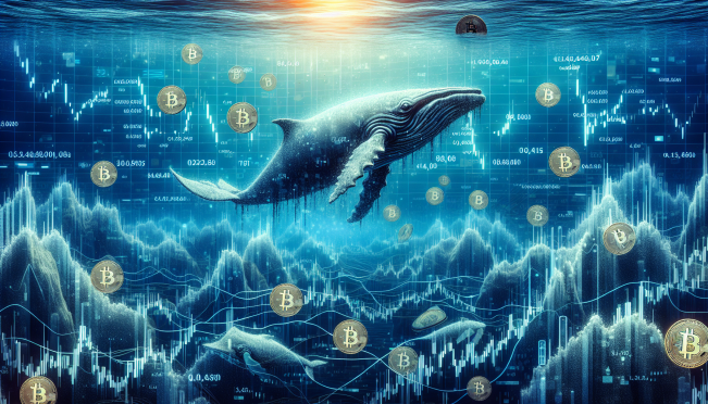 An image showcasing giant whales in an ocean, symbolizing Bitcoin whales, with digital Bitcoin coins flowing towards them. The background should include a graphical representation of the cryptocurrency market and price charts.