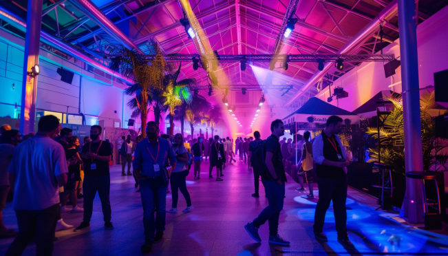 A vibrant festival scene at the NFC Summit in Lisbon, featuring a mix of blockchain enthusiasts, artists, and entrepreneurs. Include elements like the iconic Carlos Lopes Pavilion, beach parties, and digital art exhibitions. Highlight the diversity and energy of the event.