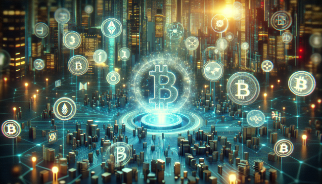 A futuristic financial market scene featuring digital tokens, asset tokenization icons, and prominent institutions like S&P Global and the Monetary Authority of Singapore collaborating on blockchain technology.