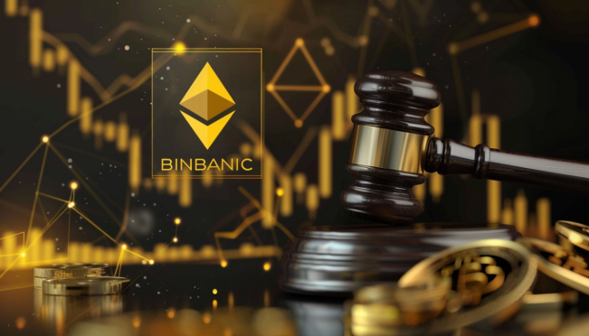 A judge's gavel beside a Binance logo, with a backdrop of digital cryptocurrency icons and a descending graph representing the BSV token.