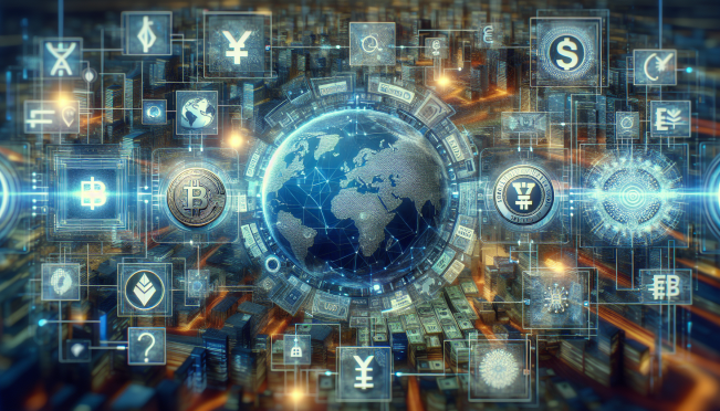 A global digital payment interface showing various currencies, including the PayPal USD stablecoin, with a backdrop of international business hubs and blockchain nodes.