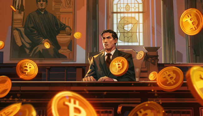 A courtroom scene with a judge, a stern-looking man in a suit resembling Craig Wright, and digital elements like Bitcoin symbols and legal documents floating around, symbolizing the intersection of law and cryptocurrency.