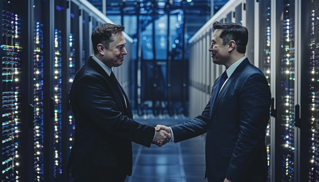 Elon Musk and Oracle executives shaking hands in front of a futuristic supercomputer, with servers and GPUs in the background, symbolizing the Gigafactory of Compute and the advanced AI model Grok.