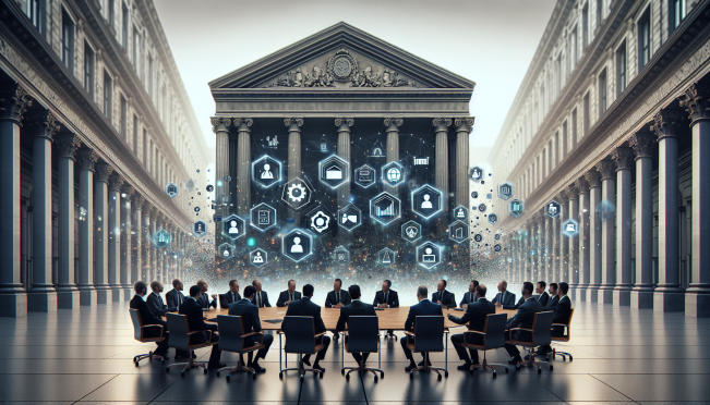 A visually engaging image of a group of bipartisan lawmakers in discussion, with digital assets and the SEC building in the background.