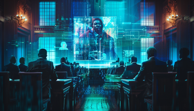 A courtroom scene with a digital twist: Martin Shkreli on one side, PleasrDAO representatives on the other, with a holographic image of the Wu-Tang Clan album 'Once Upon a Time in Shaolin' hovering in the middle. The background should subtly include elements of blockchain and cryptocurrency imagery.