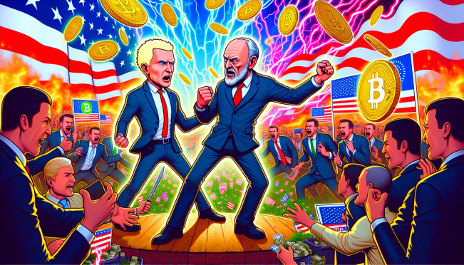 A vibrant, satirical digital illustration capturing the essence of US election hype intertwined with cryptocurrency, featuring meme-worthy characters like 'Donald Pump' and 'Badimir Putin' in a dynamic, politically charged scene.