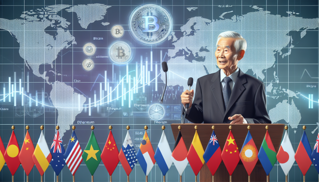 A former Chinese official speaking at a finance forum, with a backdrop of cryptocurrency symbols and international flags, illustrating the global context of the discussion.