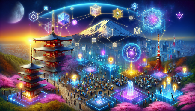 A vibrant and futuristic image showcasing the collaboration between Aptos Foundation and Alibaba Cloud, with elements representing blockchain technology, developers working together, and iconic Japanese landmarks integrating Web3 themes.