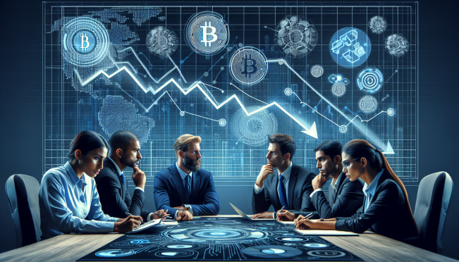 an illustrated graph showing a downward trend, surrounded by symbols of blockchain and technology, with figures showing concern and analysis in a corporate environment