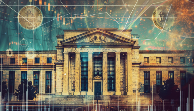 An image depicting a Federal Reserve building with a fluctuating graph overlayed, showing high interest rates. Include symbols of credit cards, mortgages, and Bitcoin to represent the economic impact. Add a subtle background of household items to signify consumer strain.